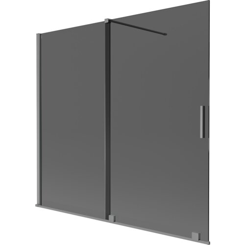 Na zdjęciu widoczna jest szklana ścianka prysznicowa z metalowymi elementami mocującymi i uchwytem. Konstrukcja ma minimalistyczny design i ciemne wykończenie.
