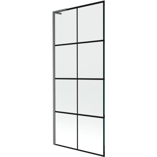 Szklany parawan nawannowy z czarną kratką, o wymiarach 80 x 150 cm, z metalowym obramowaniem w kolorze gun gray szczotkowanym. Produkt ma prostokątny kształt i jednolite, przezroczyste panele podzielone na osiem sekcji.
