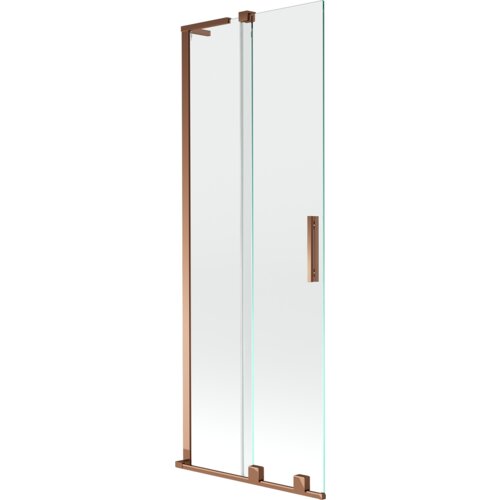 Dwuskrzydłowy, rozsuwany parawan nawannowy o wymiarach 70 x 150 cm, wykonany z przezroczystego szkła, z elementami w kolorze różowego złota. Produkt ma prostokątną formę z metalowymi uchwytami i ramą.