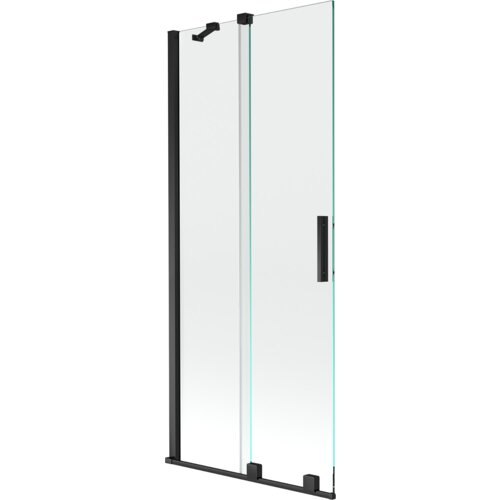 Przesłane zdjęcie przedstawia dwuskrzydłowy, rozsuwany parawan nawannowy o wymiarach 85 x 150 cm, wykonany z przezroczystego szkła z czarnymi elementami konstrukcyjnymi. Produkt ma prosty, nowoczesny design z widocznymi uchwytami i mocowaniami.