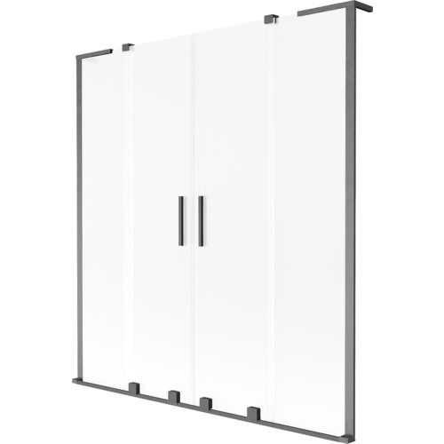Dwuskrzydłowy parawan nawannowy o wymiarach 150 x 150 cm, wykonany z przezroczystego szkła z szarymi, szczotkowanymi ramami i uchwytami. Produkt ma minimalistyczny design z prostymi liniami i matowym wykończeniem.