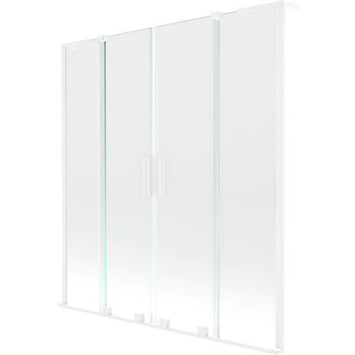 Przesuwany parawan nawannowy z przezroczystego szkła, składający się z dwóch skrzydeł, z białymi ramami i uchwytami. Produkt ma minimalistyczny design i jest przeznaczony do montażu na wannie.