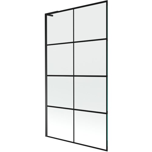 Szklany parawan nawannowy z czarną ramą i kratką, składający się z ośmiu prostokątnych paneli. Produkt ma minimalistyczny design z wyraźnymi liniami podziału.
