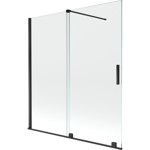 Na zdjęciu znajduje się dwuskrzydłowy, rozsuwany parawan nawannowy o wymiarach 150 x 150 cm, wykonany z przezroczystego szkła z czarnymi elementami konstrukcyjnymi. Produkt to "Mexen Velar parawan nawannowy 2-skrzydłowy rozsuwany 150 x 150 cm, transparent, czarny - 896-150-000-01-70".