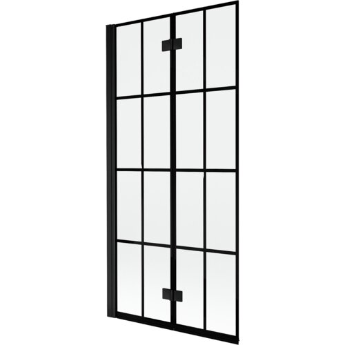 Dwuskrzydłowy parawan nawannowy z czarną kratką, wykonany ze szkła, z czarnymi metalowymi ramami i zawiasami. Produkt ma prostokątny kształt i nowoczesny design.