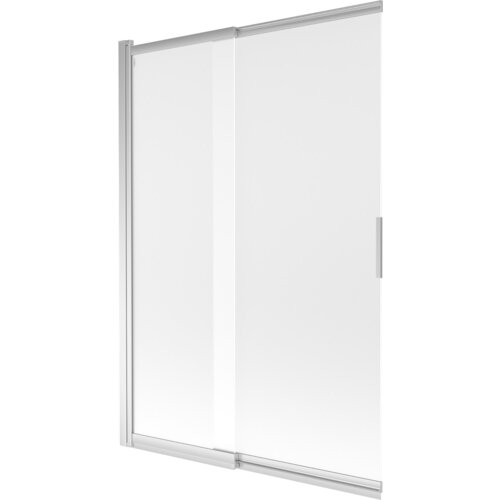Dwuskrzydłowy, przesuwny parawan nawannowy o wymiarach 120 x 150 cm, wykonany z matowego szkła i chromowanych elementów. Produkt ma prosty, nowoczesny design z widocznym uchwytem na jednym ze skrzydeł.