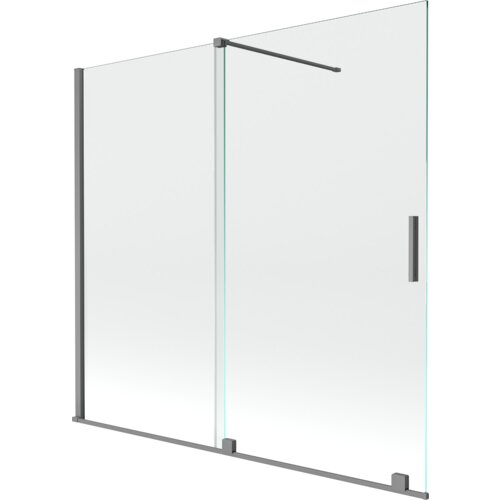 Przezroczysty, dwuskrzydłowy parawan nawannowy o wymiarach 170 x 150 cm z metalowymi elementami w kolorze gun metal. Produkt posiada prostokątny uchwyt i metalowe ramy.