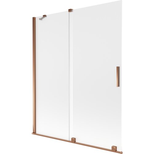 Dwuskrzydłowy parawan nawannowy o wymiarach 140 x 150 cm, wykonany z matowego szkła, z elementami w kolorze różowego złota. Produkt posiada prostokątną, pionową rączkę oraz metalowe okucia.