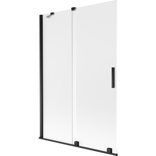 Dwuskrzydłowy, rozsuwany parawan nawannowy o wymiarach 120 x 150 cm, wykonany z matowego szkła z czarnymi elementami wykończenia. Produkt ma prosty, nowoczesny design z widocznymi uchwytami i mocowaniami.