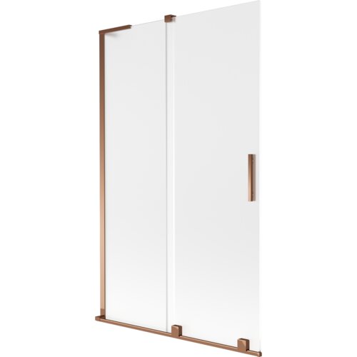 Dwuskrzydłowy parawan nawannowy o matowej powierzchni, z ramą i uchwytem w kolorze różowego złota. Produkt ma prosty, nowoczesny design z przesuwanymi panelami.