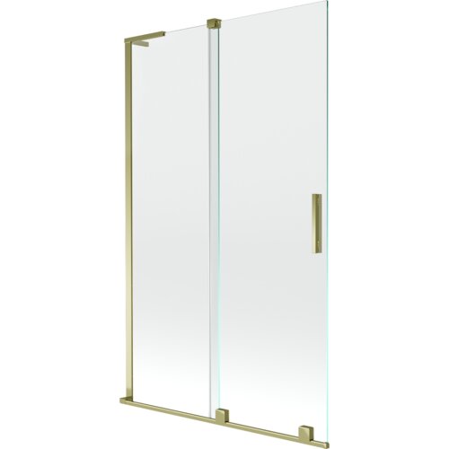 Dwuskrzydłowy, rozsuwany parawan nawannowy o wymiarach 110 x 150 cm, wykonany z transparentnego szkła z elementami w złotym kolorze. Produkt ma prostokątny uchwyt i złote ramy.
