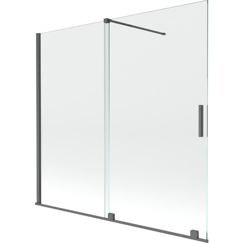 Dwuskrzydłowy, rozsuwany parawan nawannowy o wymiarach 170 x 160 cm, wykonany z przezroczystego szkła, z elementami w kolorze szczotkowanego szarego metalu. Produkt posiada prostokątny uchwyt oraz metalowe profile i wspornik.