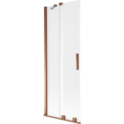 Dwuskrzydłowy, rozsuwany parawan nawannowy o wymiarach 75 x 150 cm, wykonany z mrożonego szkła, z elementami w kolorze różowego złota. Produkt ma prostokątny uchwyt i metalowe wykończenia na krawędziach.