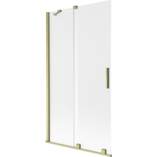 Dwuskrzydłowy, rozsuwany parawan nawannowy o wymiarach 100 x 150 cm, wykonany z matowego szkła z elementami w kolorze złotym szczotkowanym. Produkt posiada prostokątny uchwyt oraz mocowania w tym samym złotym wykończeniu.