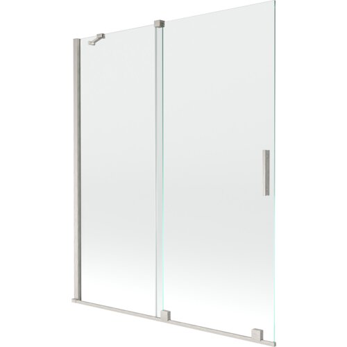 Dwuskrzydłowy, rozsuwany parawan nawannowy o wymiarach 140 x 150 cm, wykonany z przezroczystego szkła i wykończony w niklu szczotkowanym. Produkt ma prostokątny kształt z metalowymi elementami mocującymi i uchwytem.