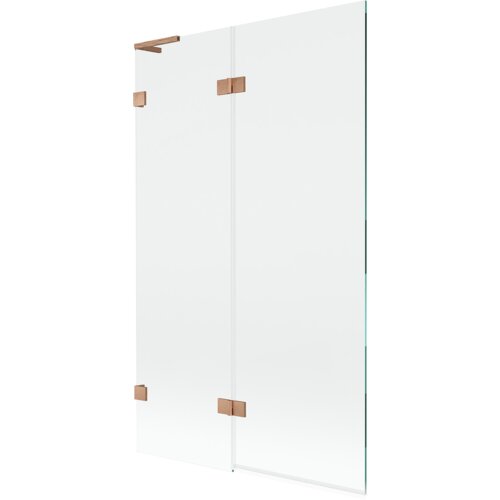 Dwuskrzydłowy parawan nawannowy wykonany z przezroczystego szkła, z miedzianymi, szczotkowanymi elementami mocującymi. Produkt ma prosty, nowoczesny design i jest przeznaczony do montażu na wannie.