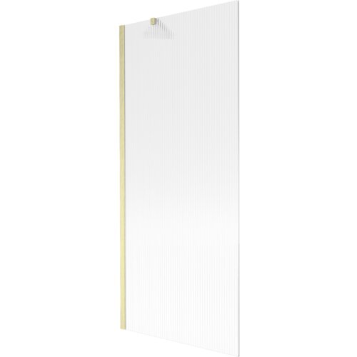 Przesłane zdjęcie przedstawia jednoskrzydłowy parawan nawannowy o wymiarach 80 x 150 cm z prążkowanym wzorem i złotym szczotkowanym wykończeniem. Produkt ma prostokątny kształt i widoczne są pionowe linie na powierzchni szkła.