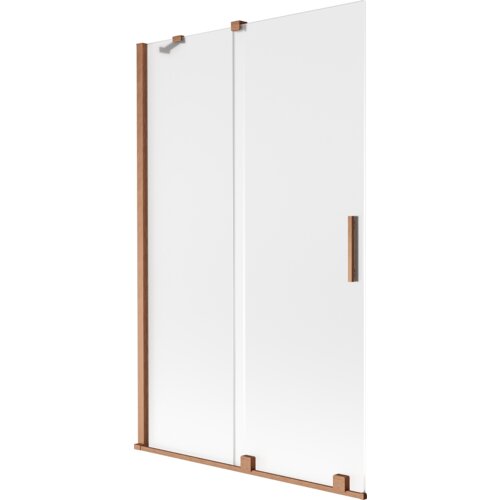Dwuskrzydłowy parawan nawannowy o wymiarach 110 x 150 cm, wykonany z mrożonego szkła z elementami w kolorze miedzi szczotkowanej. Produkt ma prostą konstrukcję z widocznymi uchwytami i mocowaniami.
