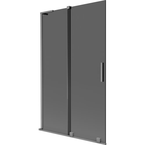 Dwuskrzydłowy, rozsuwany parawan nawannowy w kolorze grafitowym z metalicznymi elementami wykończenia, posiada prostokątną, pionową rączkę. Produkt ma minimalistyczny design i gładką powierzchnię.