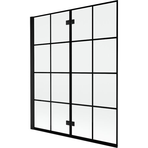 Dwuskrzydłowy parawan nawannowy z czarną kratką, wykonany ze szkła, z czarnymi ramami i zawiasami. Produkt ma wymiary 140 x 150 cm.