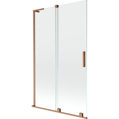 Dwuskrzydłowy, rozsuwany parawan nawannowy o wymiarach 110 x 150 cm, wykonany z przezroczystego szkła, z elementami w kolorze szczotkowanej miedzi. Produkt posiada prostokątną, pionową rączkę oraz metalowe ramy i uchwyty.