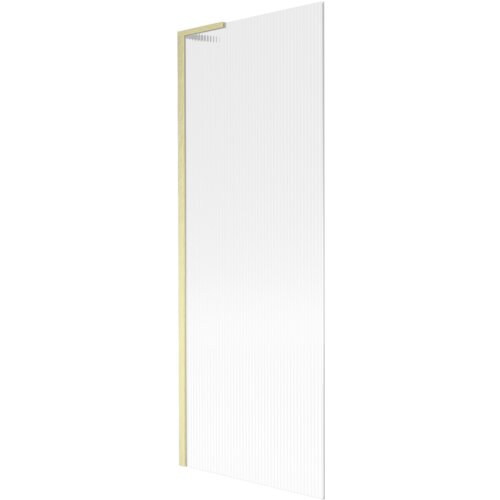 Przedstawiony jest parawan nawannowy o wymiarach 70 x 150 cm z prążkowaną powierzchnią i złotym szczotkowanym wykończeniem. Produkt ma prostą, elegancką formę z widocznymi pionowymi liniami na szklanej powierzchni.