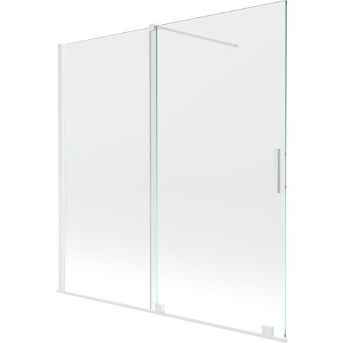Przezroczysty, dwuskrzydłowy parawan nawannowy o wymiarach 160 x 150 cm z białymi elementami montażowymi i uchwytem. Produkt ma prosty, nowoczesny design z widocznymi metalowymi elementami konstrukcyjnymi.