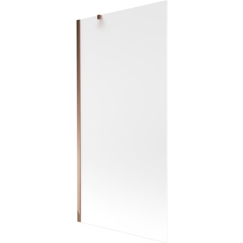 Na zdjęciu znajduje się jednoskrzydłowy parawan nawannowy o wymiarach 90 x 150 cm, wykonany z mrożonego szkła z elementami w kolorze różowego złota. Produkt ma prostą, elegancką formę z widocznymi metalowymi elementami mocującymi.
