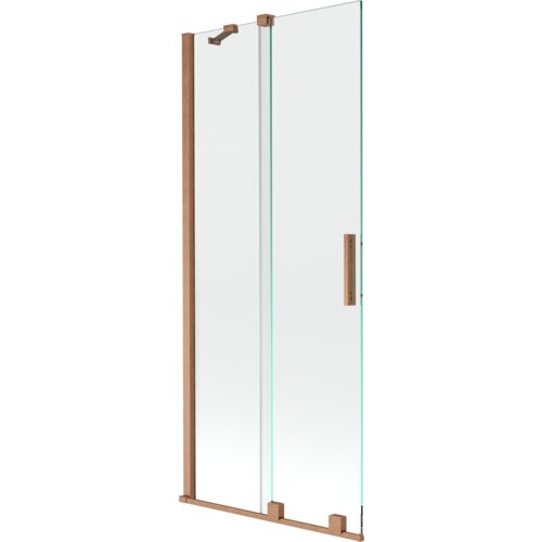 Przesłane zdjęcie przedstawia dwuskrzydłowy, rozsuwany parawan nawannowy o wymiarach 85 x 150 cm, wykonany z przezroczystego szkła z elementami w kolorze miedzi szczotkowanej. Produkt ma prostą, nowoczesną konstrukcję z metalowymi uchwytami i mocowaniami.