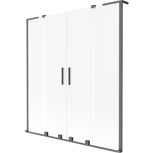 Dwuskrzydłowy parawan nawannowy o wymiarach 140 x 150 cm, wykonany z przezroczystego szkła z matowym wykończeniem, w metalowej ramie w kolorze gun metal. Parawan posiada dwa pionowe uchwyty pośrodku.