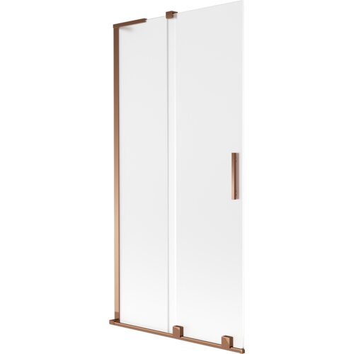 Dwuskrzydłowy parawan nawannowy o wymiarach 95 x 150 cm, wykonany z matowego szkła, z elementami w kolorze różowego złota. Produkt ma prostokątny kształt i posiada uchwyt oraz ramę w tym samym kolorze.