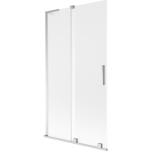 Dwuskrzydłowy, rozsuwany parawan nawannowy o wymiarach 100 x 150 cm, wykonany z matowego szkła z chromowanymi elementami. Produkt posiada prostokątny uchwyt i metalowe wykończenia.