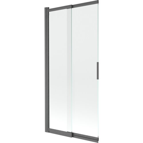 Dwuskrzydłowy, przesuwny parawan nawannowy o wymiarach 85 x 150 cm, wykonany z przezroczystego szkła, z ramą w kolorze szczotkowanego szarego metalu. Produkt ma prosty, nowoczesny design z pionowym uchwytem.