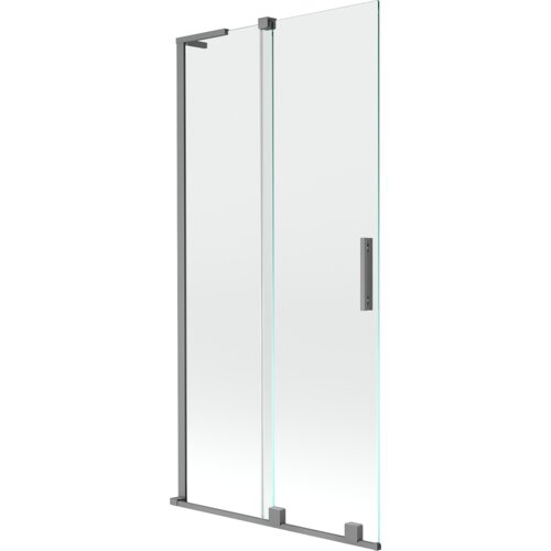 Przesłany obraz przedstawia dwuskrzydłowy, rozsuwany parawan nawannowy o wymiarach 95 x 150 cm, wykonany z transparentnego szkła i wykończony w kolorze gun metal. Produkt ma prostokątną formę z metalowymi elementami konstrukcyjnymi i uchwytem.