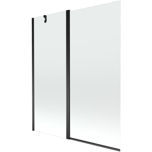 Dwuskrzydłowy parawan nawannowy o wymiarach 140 x 150 cm, wykonany z przezroczystego szkła z czarnymi ramami. Produkt ma prosty, nowoczesny design z widocznym uchwytem na jednym ze skrzydeł.