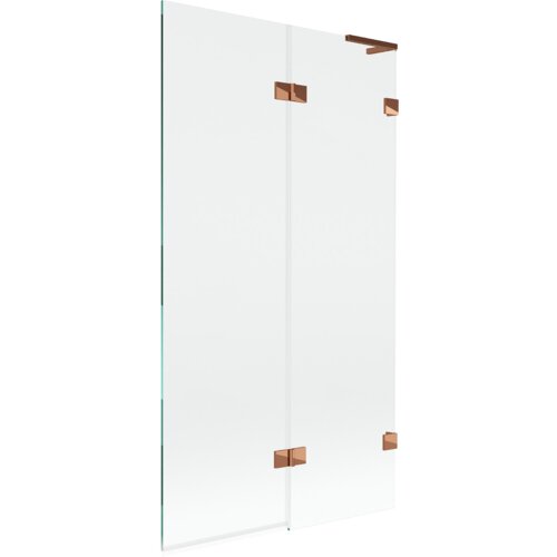 Przezroczysty parawan nawannowy z dwoma skrzydłami, ozdobiony elementami w kolorze różowego złota. Produkt ma wymiary 100 x 150 cm.
