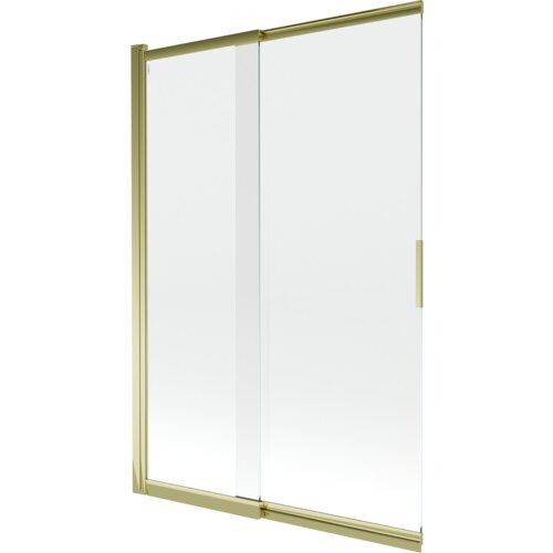Przesuwany, dwuskrzydłowy parawan nawannowy o wymiarach 120 x 150 cm, wykonany z przezroczystego szkła z złotymi elementami konstrukcyjnymi. Produkt ma prosty, nowoczesny design z uchwytem na jednym ze skrzydeł.