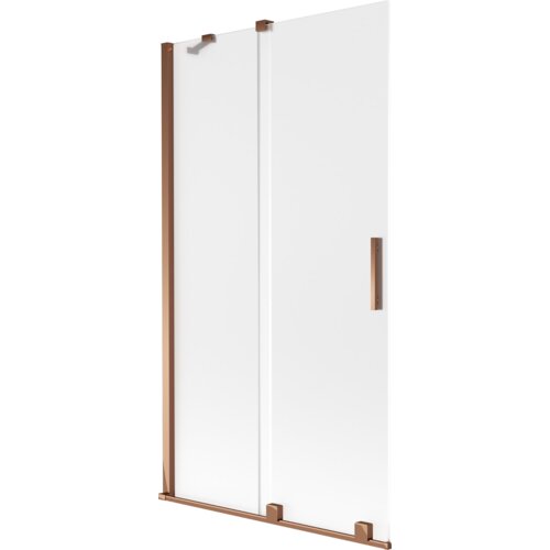 Dwuskrzydłowy parawan nawannowy o wymiarach 100 x 150 cm, wykonany z matowego szkła, z elementami w kolorze różowego złota. Produkt ma prostokątny uchwyt i metalowe mocowania w tym samym kolorze.