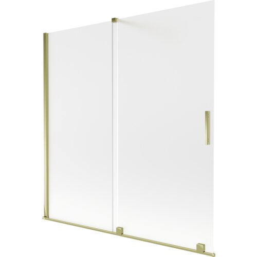 Dwuskrzydłowy, rozsuwany parawan nawannowy o wymiarach 160 x 150 cm, wykonany z matowego szkła z złotymi elementami wykończenia. Produkt ma prosty, nowoczesny design z uchwytem na jednym ze skrzydeł.