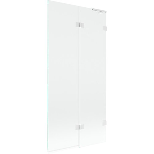 Przezroczysty, dwuskrzydłowy parawan nawannowy o wymiarach 90 x 150 cm z białymi elementami mocującymi. Produkt ma prosty, nowoczesny design z widocznymi zawiasami i uchwytem.