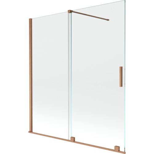 Przesłane zdjęcie przedstawia dwuskrzydłowy, rozsuwany parawan nawannowy o wymiarach 150 x 150 cm, wykonany z przezroczystego szkła z elementami w kolorze szczotkowanej miedzi. Produkt ma prostą, nowoczesną konstrukcję z metalowymi uchwytami i wspornikami.