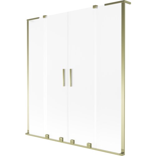 Dwuskrzydłowy parawan nawannowy o szronionej powierzchni i złotych ramach, z dwoma pionowymi uchwytami pośrodku. Produkt ma prostokątny kształt i minimalistyczny design.