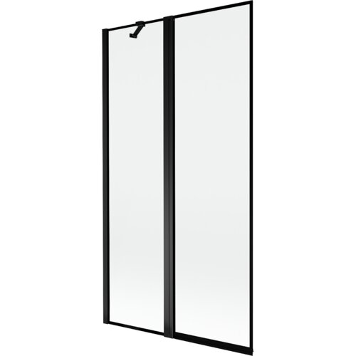 Dwuskrzydłowy parawan nawannowy z czarną ramką, wykonany z przezroczystego szkła, z widocznym uchwytem na jednym ze skrzydeł. Produkt ma minimalistyczny design i prostokątny kształt.