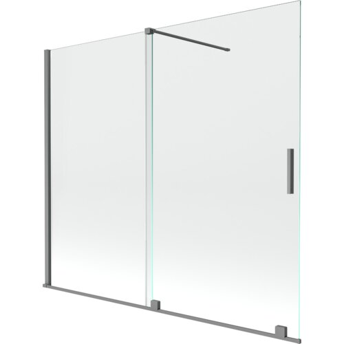 Dwuskrzydłowy, rozsuwany parawan nawannowy o wymiarach 180 x 150 cm, wykonany z przezroczystego szkła, z metalowymi elementami w kolorze gun metal. Produkt posiada prostokątny uchwyt i poziome wsporniki stabilizujące.