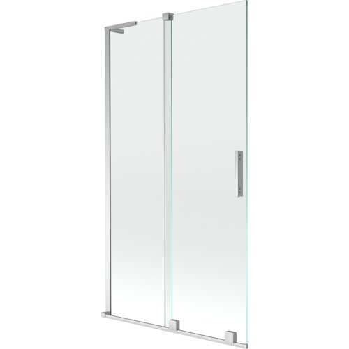 Dwuskrzydłowy, rozsuwany parawan nawannowy o wymiarach 100 x 150 cm, wykonany z przezroczystego szkła z chromowanymi elementami. Produkt posiada prostokątny uchwyt i metalowe ramy.