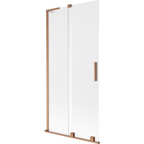 Dwuskrzydłowy, rozsuwany parawan nawannowy o wymiarach 95 x 150 cm, wykonany z mrożonego szkła z elementami w kolorze miedzi szczotkowanej. Produkt posiada prostokątną, pionową rączkę oraz metalowe ramy i uchwyty.