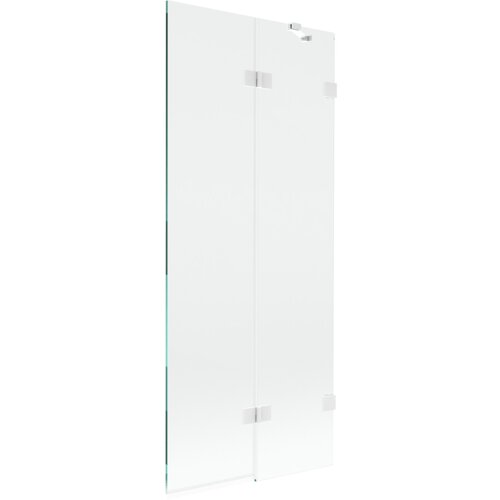 Dwuskrzydłowy, przezroczysty parawan nawannowy z białymi elementami montażowymi, wykonany ze szkła, o wymiarach 80 x 150 cm. Produkt posiada prosty, nowoczesny design z metalowymi zawiasami.