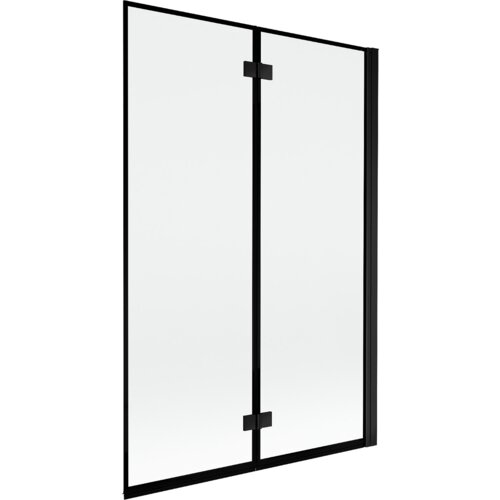 Dwuskrzydłowy parawan nawannowy z czarną ramką, wykonany z przezroczystego szkła, z widocznymi zawiasami pośrodku. Produkt ma prosty, nowoczesny design i jest przeznaczony do montażu na wannie.