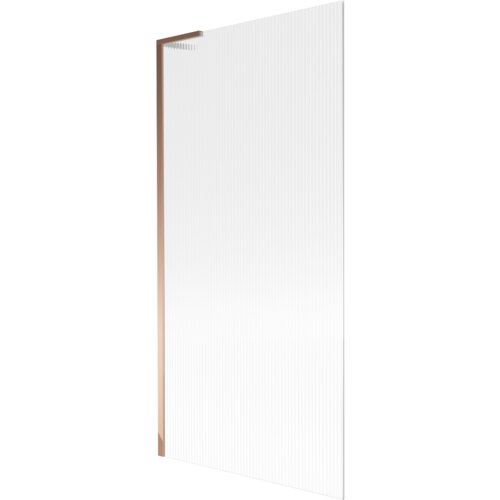 Jednoskrzydłowy parawan nawannowy o wymiarach 90 x 150 cm z prążkowaną powierzchnią i wykończeniem w kolorze różowego złota. Produkt ma prostokątny kształt i minimalistyczny design.