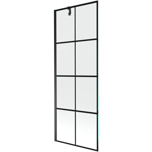 Jednoskrzydłowy parawan nawannowy o wymiarach 70 x 150 cm z czarną kratką i czarną ramą. Produkt ma prostokątny kształt i przezroczyste panele podzielone na sekcje przez czarne linie.